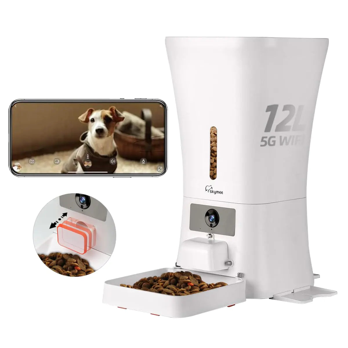 SKYMEE 12L Smart Automatic Dog Feeder Large Breed with Camera 5G WiFi Automatic Cat Feeders Food Dispenser 1080P Full HD Pet Camera Treat Dispenser with Night Vision and 2-Way Audio
