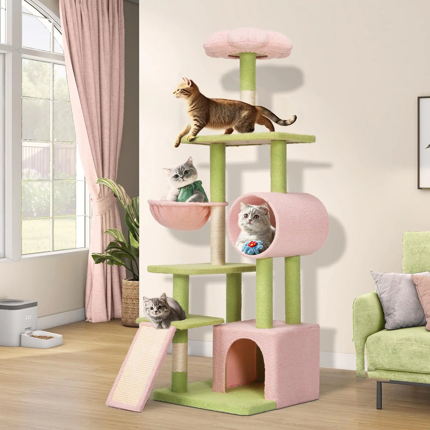 YITAHOME Tall Flower Cat Tree Tower with Detachable Perch 65in Cute Cat Climbing Tower for Indoor Cats with Cat Condo Basket Tunnel Sisal Scratching Posts and Board Pink and Green