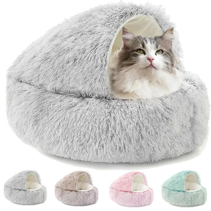 Lapcatz Nest Bed Small Dog Bed Cozy Cat Cave Bed Cat Beds for Indoor Cats WashableCalming Dog Beds & Cat Cave Bed with Hooded Cover Non-Slip Cat Beds (Grey-Short Liner60cm/23.6inch)
