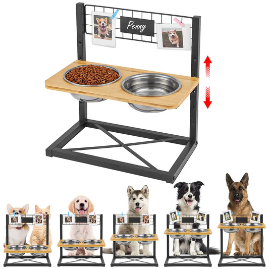 Hongtamoya Bamboo Elevated Dog Bowls 5 Height Adjustable Raised Dog Bowl Stand Dog Feeder with 2 Stainless Steel Dog Food Bowls and Non-Slip Feet for Small Medium Large Dogs and Pets Black