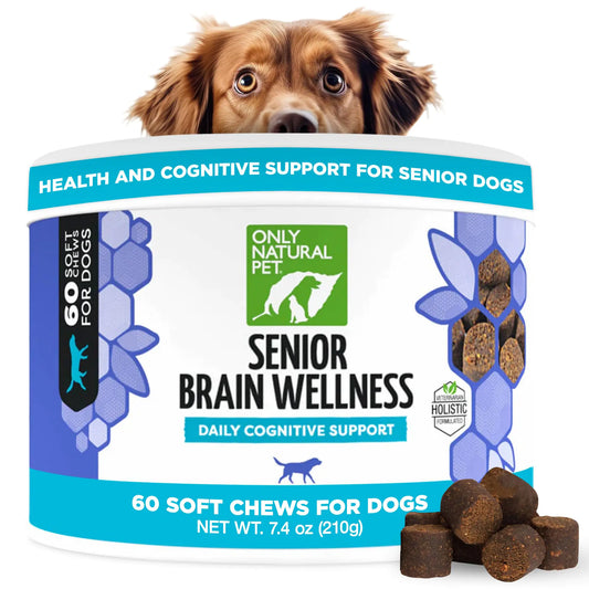 ONLY NATURAL PET Senior Brain Wellness Dog Chews - Small Medium & Large Breeds Toothless & Geriatric Dogs Soft Chicken & Bacon Flavor Snacks Baked Treats - 60 Count