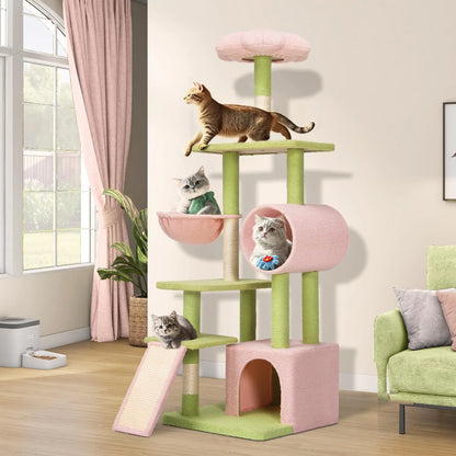 YITAHOME Tall Flower Cat Tree Tower with Detachable Perch 65in Cute Cat Climbing Tower for Indoor Cats with Cat Condo Basket Tunnel Sisal Scratching Posts and Board Pink and Green