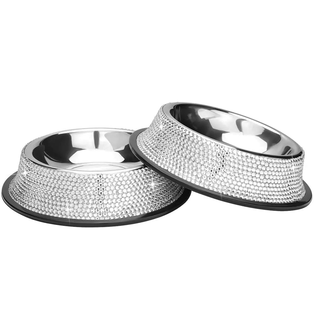 SAVORI Bling Dog Bowls White 640ML Handmade Bling Rhinestones Stainless Steel Pet Bowls Double Food Water Feeder for Puppy Cats Dogs - Set of 2