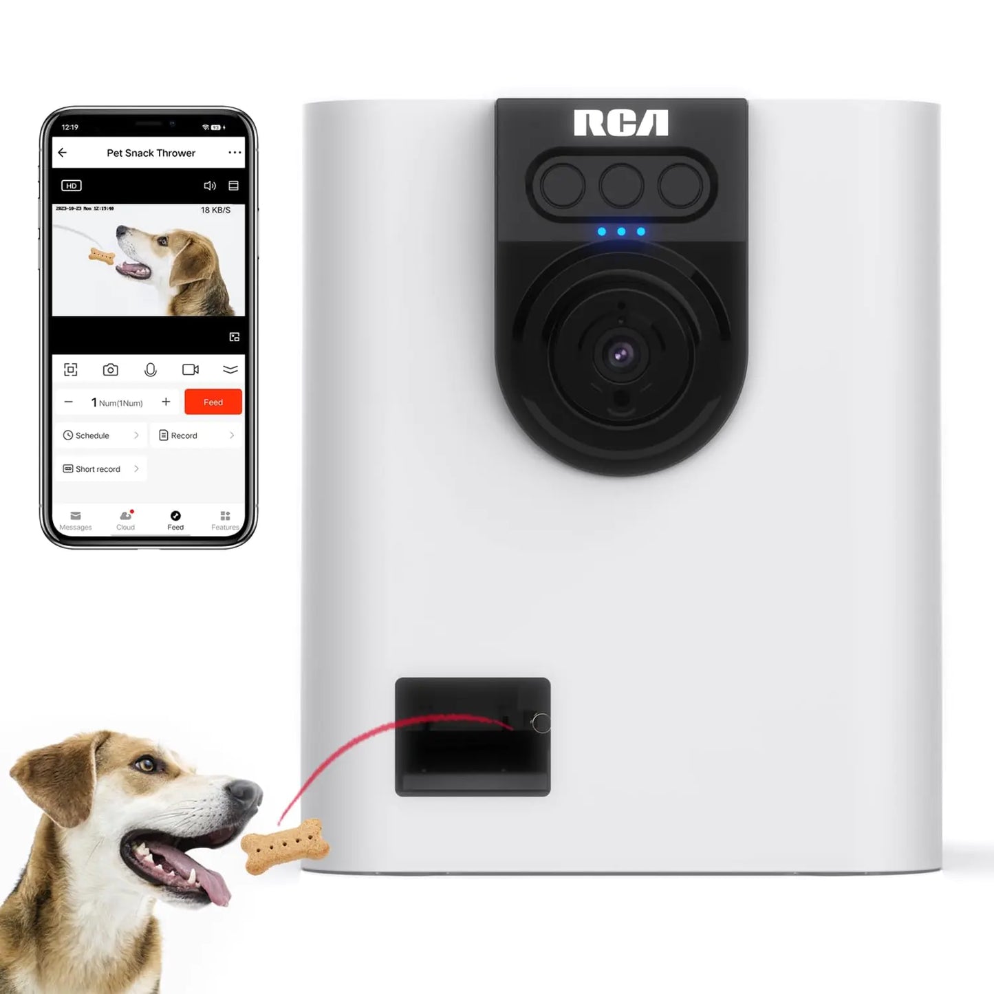 RCA Dog & Cat Smart Camera Treat Dispenser WiFi-Enabled 1080p HD Camera Two-Way Audio App Control Compatible with Alexa & Google Assistant – for Small Treats & Kibble