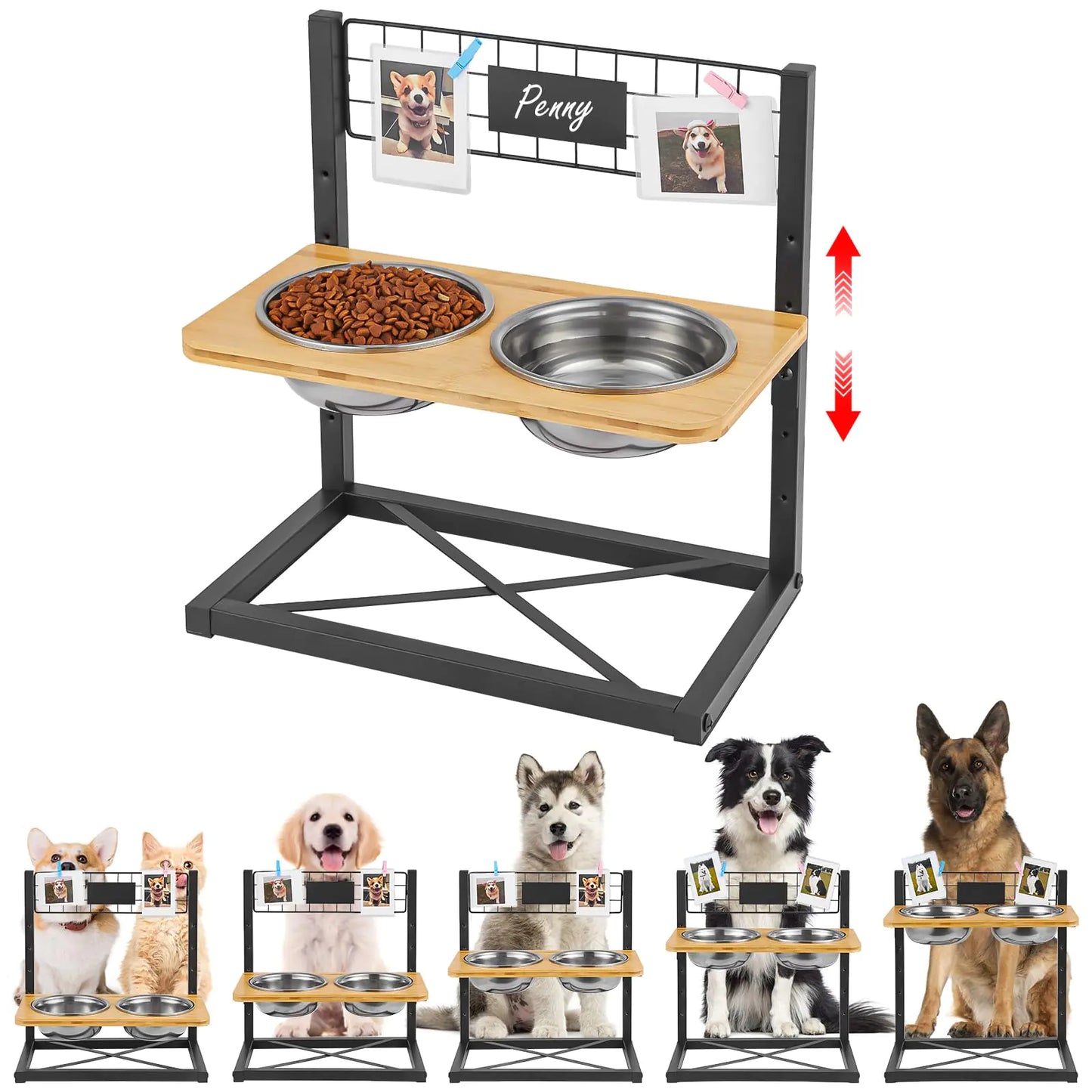 Hongtamoya Bamboo Elevated Dog Bowls 5 Height Adjustable Raised Dog Bowl Stand Dog Feeder with 2 Stainless Steel Dog Food Bowls and Non-Slip Feet for Small Medium Large Dogs and Pets Black