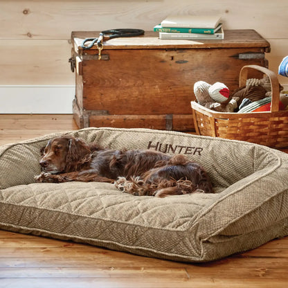 Orvis ComfortFill-Eco Bolster Dog Bed - Plush Rectangular Dog Beds with Three-Sided Bolster for Leaning Brown Tweed - Medium