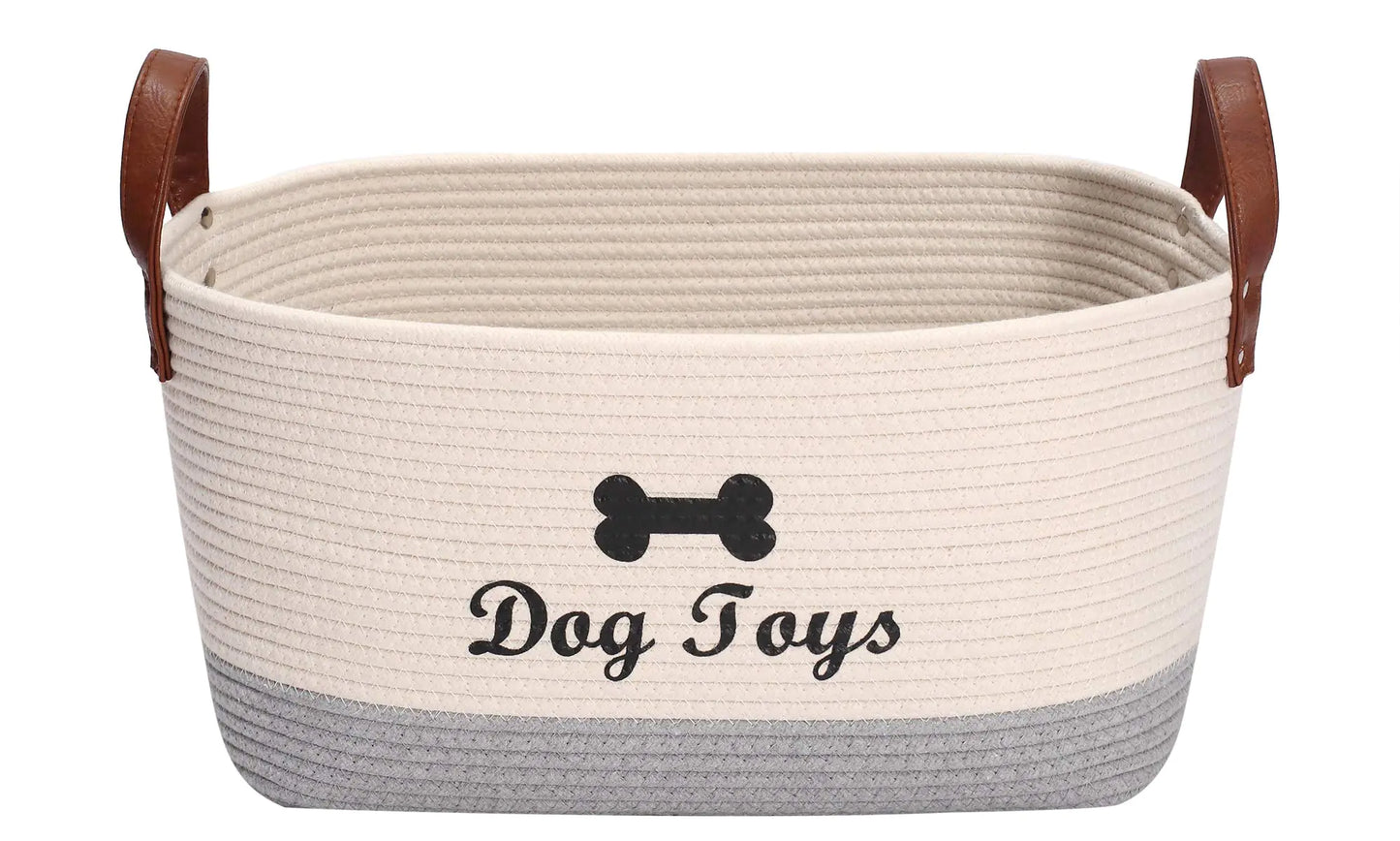 Large cotton dog toy basket 16.5"x10.6"x 7.5" puppy toy basket puppy bins pet organizer laundry basket storage bin - Perfect for organizing pet toys blankets leashes coat and stuff - Beige Gray