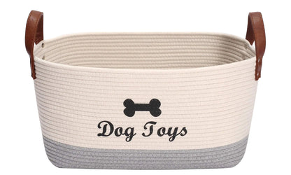 Large cotton dog toy basket 16.5"x10.6"x 7.5" puppy toy basket puppy bins pet organizer laundry basket storage bin - Perfect for organizing pet toys blankets leashes coat and stuff - Beige Gray