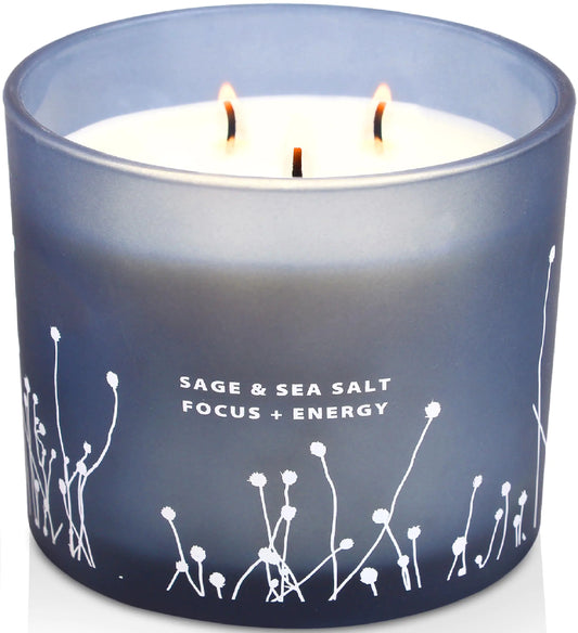 White Sage Sea Salt 3 Wick Candle Large 14.5 oz | Sage Candles for Cleansing House | Natural Soy Candle for Home Scented | Aromatherapy Energy Cleansing Sage Scented Candles for Women & Men