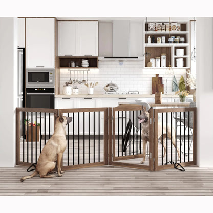 Vantas Folding Pet Gate 96" Wide 30" Tall No-Assembly Wooden Dog Gate with Door Walk Through Freestanding Pet Gate Puppy Safety Fence with 2PCS Support - Brown